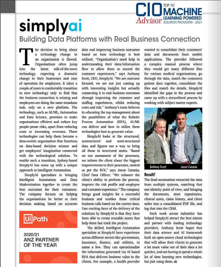 Simplyai CIO Advisor magazine feature machine learning provider top 10 press APAC 2021